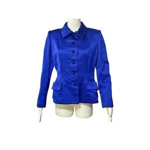 1990s Bill Blass Neiman Marcus Bright Blue Satin Front Black Button Blazer
